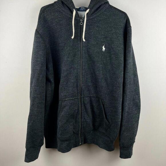 Polo Ralph Lauren Full Zip Hoodie Men XL Dark Gray Drawstring Logo Sweatshirt - Picture 1 of 6